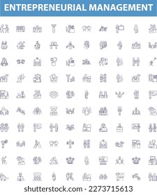 Entrepreneurial management line icons, signs set. Entrepreneurial, Management, Start up, Business, Strategy, Networking, Risk taking, Planning, Growth outline vector illustrations.