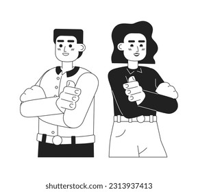 Socios emprendedores con personajes monocromáticos de vector plano. Una exitosa asociación de negocios igualitaria. Linea delgada editable semicuerpo en personas blancas. Sencilla imagen de spot de dibujos animados bw para diseño gráfico web