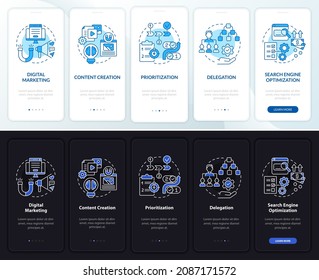 Entrepreneurial skills onboarding mobile app page screen. Delegation walkthrough 5 steps graphic instructions with concepts. UI, UX, GUI vector template with linear night and day mode illustrations