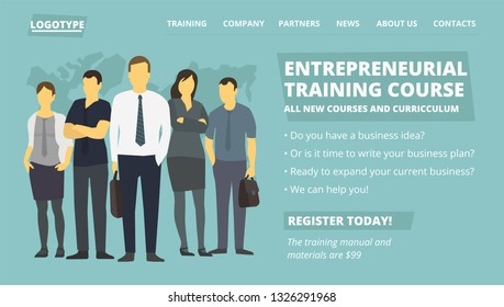 Entrepreneurial training course web site page. New education courses. Company business group people flat illustration. Place for text.