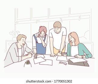 Entrepreneurs And Business People Conference In Modern Meeting Room. Hand Drawn Style Vector Design Illustrations.