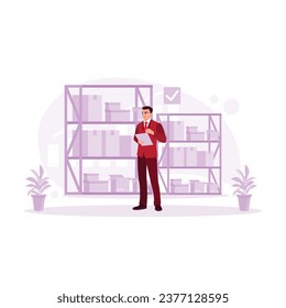 Entrepreneurs check and record the stock of goods in the warehouse. Storage concept. Trend Modern vector flat illustration