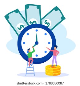 Entrepreneurs climb stairs and set large clockwork, manage time and achieve success with their business. Financial concepts, time management. Flat vector illustration.