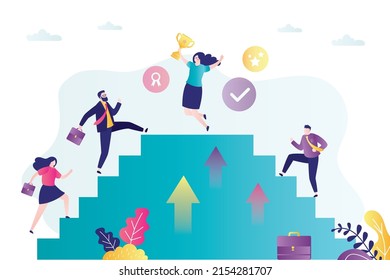 Entrepreneurs climbing career ladder. Happy girl won business competition. Concept of overcoming difficulties and achievements of goals. Woman successfully reached goal. Flat vector illustration