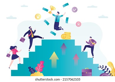 Entrepreneurs climbing career ladder. Happy businessman won business competition. Overcoming difficulties and achievements of goals. Successful man reached target. Award ceremony. Vector illustration