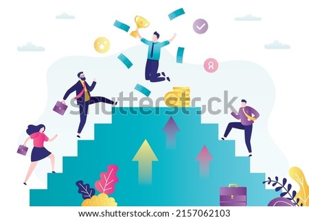 Entrepreneurs climbing career ladder. Happy businessman won business competition. Overcoming difficulties and achievements of goals. Successful man reached target. Award ceremony. Vector illustration