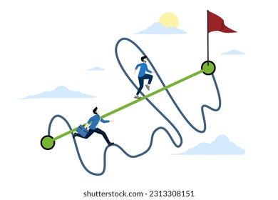 Los empresarios compiten con la gente inteligente que camina por caminos rectos y otros por caminos complicados. Formas o atajos fáciles para ganar el éxito empresarial o el concepto de carreteras y obstáculos difíciles. vector.