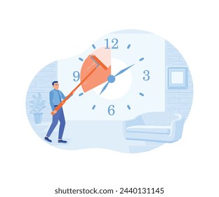 Entrepreneurs control time and work. Men finish work on time. Time Management concept. Flat vector illustration.