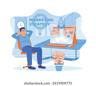 Los emprendedores desarrollan tecnología de estrategia de marketing. En la pantalla del portátil aparece un icono del cohete. Concepto de marketing. Ilustración vectorial plana.