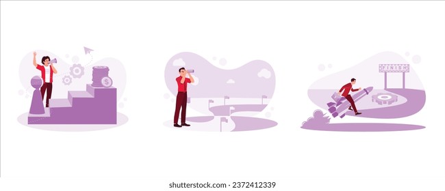 Entrepreneurs encourage. Business people using telescope looking for opportunity. Businessman using rocket towards the finish line. Set Trend Modern vector flat illustration