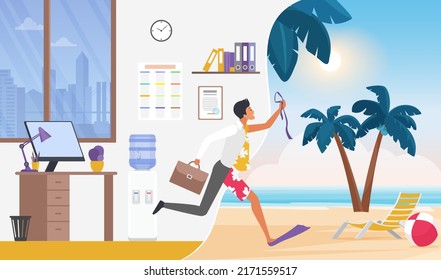 Entrepreneurs escape to exotic sea sand beach vector illustration. Cartoon man in formal suit leaving office, fun leap of businessman over summer holidays background. Weekend, vacation concept