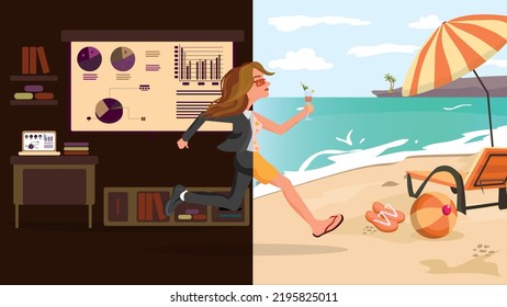 Entrepreneurs escape to exotic sea sand beach, woman in formal suit leaving office. The situation of a business woman's life divided into two.