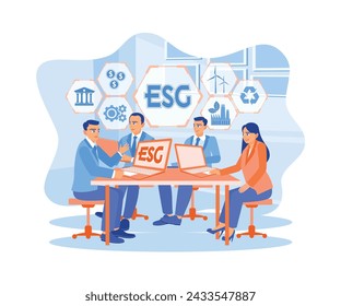 Entrepreneurs gather to discuss ESG environmental social governance policies for modern business. Sustainable economic growth with renewable energy and natural resources concept. 
