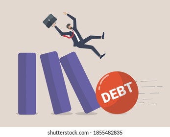 Entrepreneurs go into bankruptcy due to debt, The entrepreneur or businessman fell on the chart that was hit by a large ball with the word debt.