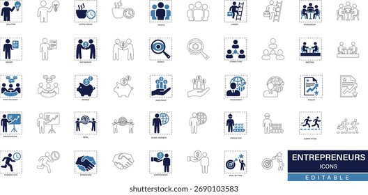 Conjunto de íconos de emprendedores con conceptos de inicio, liderazgo, innovación y crecimiento empresarial. Ilustración vectorial de línea editable para diseño de negocios y marketing