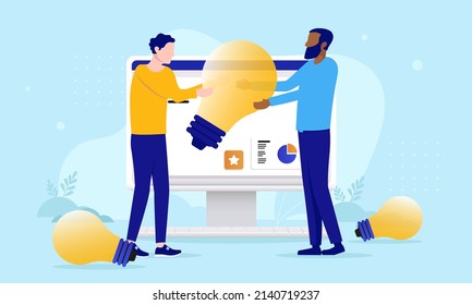 Entrepreneurs idea - Two men working on ideas with computer and light bulbs. Entrepreneurship and innovation concept, flat design vector illustration with blue background