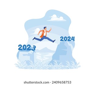 Entrepreneurs jump from the cliff of the past to the future. They are making business changes from 2023 to 2024. Happy New Year 2024 concept. Trend Modern vector flat illustration