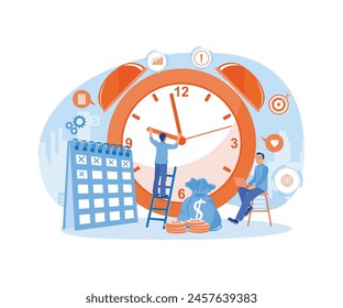 Entrepreneurs manage time in completing work. Balance between time and work. Time management concept. Flat vector illustration.