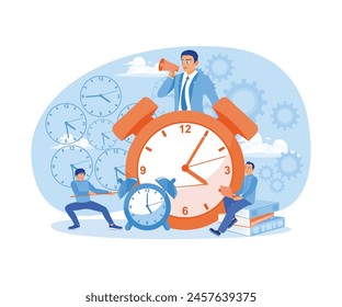 Los emprendedores administran el tiempo y el trabajo. Completar el trabajo de acuerdo a los plazos. Concepto de gestión del tiempo. Ilustración vectorial plana.