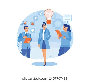 Los empresarios observan el comportamiento del consumidor. Plan de estrategias empresariales para aumentar los objetivos. Concepto de investigación de marketing. Ilustración vectorial plana.