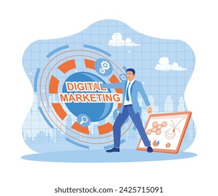 Entrepreneurs optimize online advertising, SEO, SEM, and SMM on social media. Improve business strategies to improve business marketing. Digital marketing networking on modern interface concept. 