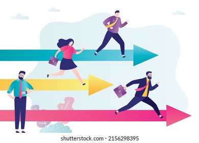 Entrepreneurs participate in business competition. Employees overcome obstacles to achieve goals. Career race and leadership. Colleagues, corporate competition. Winner and losers. Vector illustration