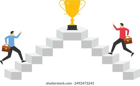 Entrepreneurs running up the career ladder. Businessmen competing for business trophies. Overcoming difficulties and achieving goals. businessman running to reach the target. Award ceremony. Vector

