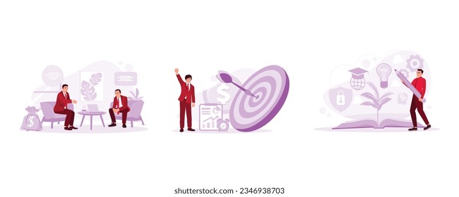 Entrepreneurs sit together to solve problems. Business hit the target. Entrepreneurs learn on their own and increase their knowledge. Consulting concept. Set Trend Modern vector flat illustration