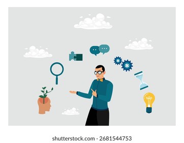 Os empresários resolvem problemas com ideias criativas para atingir metas. Os empresários completam o trabalho a tempo.
