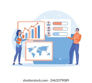 Entrepreneurs start businesses internationally. Develop business strategies toward success. Business Intelligence concept. Flat vector illustration.