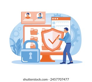 Los emprendedores almacenan datos de la empresa. Controle la protección de blindaje de inicio de sesión de acceso al Web. Concepto de seguridad cibernética. Ilustración vectorial plana.