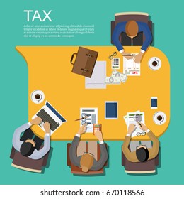 Entrepreneurs submit financial statements to staff including invoicing, financial calculations, profit counting, income tax, statistics, data analysis, reporting planning. Flat design vector.