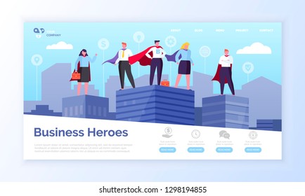 Entrepreneurs in superman coats, business heroes webpage vector. Men and women in superhero outfits on top of skyscrapers landing page or site flat style