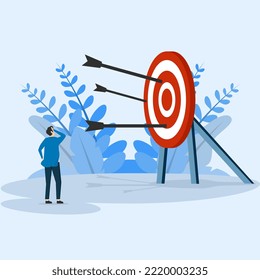 Entrepreneurs who fail to achieve targets. Not hitting the target, arrows all around. The male character is confused about the bow and arrow not hitting the target. Entrepreneurs fail.