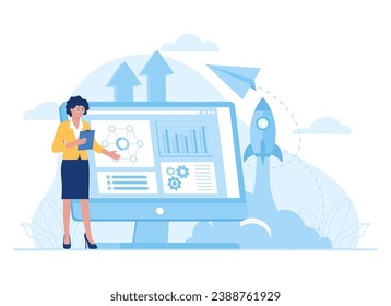 entrepreneurs working on launching a stock business trending concept flat illustration
