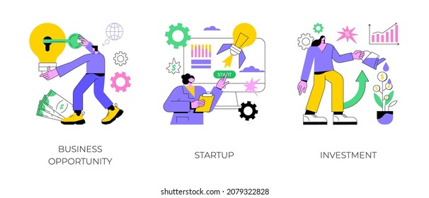 Entrepreneurship abstract concept vector illustration set. Business opportunity, startUp, investment, financial adviser, startup launch, franchising, business venture, mentoring abstract metaphor.