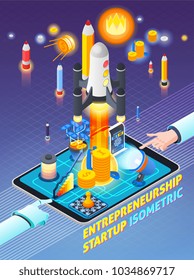 Entrepreneurship activity isometric composition on gradient purple background with rocket start, business elements, mobile device, vector illustration
