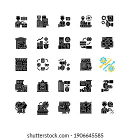 Entrepreneurship black glyph icons set on white space. Profitable business, commercial enterprise. Commercial company management and development silhouette symbols. Vector isolated illustration