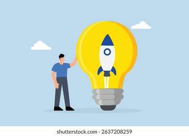Entrepreneurship, businessman startup owner standing in light bulb with innovation rocket.