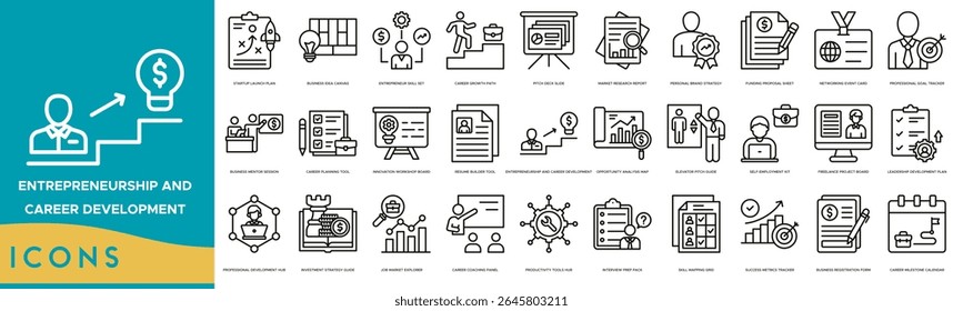 Entrepreneurship and Career Development icon set. Startup Launch Plan, Business Idea Canvas, Entrepreneur Skill Set, Career Growth Path, Pitch Deck Slide and Market Research Report