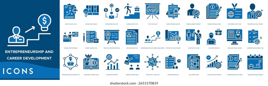 Conjunto de ícones de Empreendedorismo e Desenvolvimento de Carreira. Plano de lançamento de start-ups, tela de ideias de negócios, conjunto de habilidades do empreendedor, trajetória de crescimento da carreira, slide do plano de lançamento e relatório de pesquisa de mercado