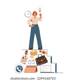 Vector de concepto de emprendimiento. La forma de concretar la idea, genera una solución exitosa. Mujer trepando escaleras, está parada encima de una pila de tareas terminadas y adquiriendo habilidades, su dedo apuntando hacia arriba.
