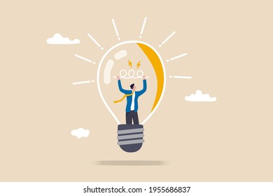 Entrepreneurship, curiosity and creativity to create new idea, motivation to success or problem solving concept, smart businessman go inside light bulb to fix or invent new idea light up bright.