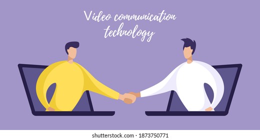 Entrepreneurship during covid-2019 quarantine. Two businessmen shake hands, agree on a business strategy. Video conferencing. Purple vector isolated illustration.