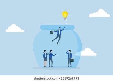 Entrepreneurship escape from routine job, Businessman entrepreneur soaring through air in hot air balloon shaped like lightbulb to break free from constraints of fish tank.