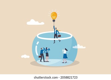 Entrepreneurship escape from routine job, freedom idea to start new business, solution to solve problem concept, smart businessman entrepreneur flying with lightbulb idea balloon escape from fish tank