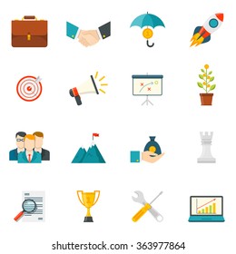 Entrepreneurship Flat Color Icons Set With Business Startup Work In Team Leadership Handshake Elements Isolated Vector Illustration  