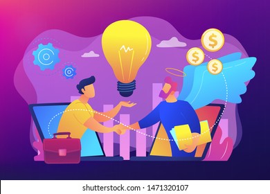Entrepreneurship funding, initiative investment, idea financing. Angel investor, startup financial support, business professionals help concept. Bright vibrant violet vector isolated illustration