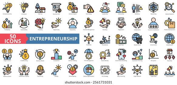 Entrepreneurship icon collection set. Containing innovation, start up, business plan, venture capital, risk taking, leadership, mentorship icon. Simple flat outline vector illustration