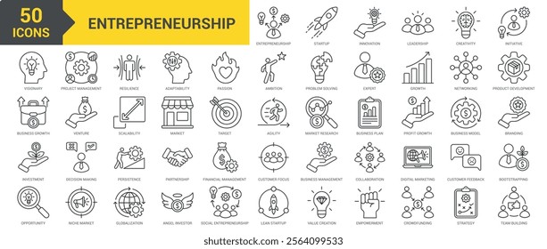 Entrepreneurship icon collection set. Containing innovation, leadership, creativity, initiative, visionary, business, investment, opportunity, project management, partnership icon. Simple line vector